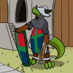 ambiguous_gender anthro arbalist armor castle chainmail clothed clothing coif crossbow headgear helmet holding_object holding_weapon horn military ranged_weapon shield smile soldier solo standing tower_shield warrior weapon trout_(artist) kobold reptile scalie 1:1 2016 aliasing digital_media_(artwork)