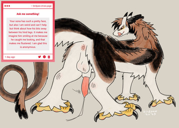 animal_genitalia animal_penis anus ask_blog black_body black_claws black_ears black_feathers black_fur black_hair black_highlights black_tail_tip black_wings bodily_fluids brown_body brown_ears brown_eyes brown_fur brown_hair brown_tail brown_wings canine_genitalia canine_penis claws dipstick_horn dipstick_tail dripping fangs feathers feral folded_wings fur genital_fluids genitals grey_background hair half-erect highlights_(coloring) horn licking licking_lips licking_own_lips male male_feral markings multicolored_body multicolored_feathers multicolored_fur multicolored_horn penis pink_anus pink_penis precum precum_drip rear_view scutes sheath simple_background smile solo tail tail_markings teeth text tongue tongue_out white_body white_fur white_sheath wings yellow_scutes birdpaw_(artist) mythology fursona_(birdpaw) dragon feathered_dragon feathered_scalie furred_dragon furred_scalie mythological_creature mythological_scalie scalie 2025 artist_name english_text hi_res