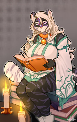5_fingers anthro big_breasts book breasts candle closed_book clothing dipstick_tail eyelashes female fingers fur fur_markings furniture hair jewelry markings necklace open_book purple_eyes reading sitting_on_book solo table tail tail_markings white_clothing white_hair white_tail_tip bunnybonbant lady_duzariett_(nanaki_azakee) felid mammal pantherine tiger absurd_res hi_res