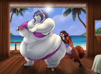 anthro areola beach belly big_belly big_breasts bottomwear breasts brown_hair claws clothed clothing curvy_figure day detailed_background digitigrade duo eyes_closed female fully_clothed fur hair hand_on_butt huge_belly huge_breasts huge_thighs inside light morbidly_obese morbidly_obese_female nipples obese obese_female overweight overweight_female palm_tree partially_clothed_female pink_areola pink_nipples plant plantigrade purple_clothing purple_hair red_body red_eyes red_fur sand sea seaside size_difference slightly_chubby slightly_chubby_female standing sun sunlight tail thick_thighs tight_clothing toe_claws topwear tree water weight_difference white_body white_fur wide_hips biglovealicia bear canid canine mammal polar_bear raccoon_dog tanuki ursine 2019 detailed lighting shaded signature