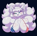 9_tails american_flag american_flag_bikini anthro big_breasts bikini bikini_top black_background blue_eyes blush breasts chest_tuft cleavage clothed clothing collarbone eyebrow_through_hair eyebrows eyelashes female flag_bikini fur hair half-closed_eyes looking_at_viewer markings mole_(marking) multi_tail narrowed_eyes nipple_outline simple_background solo star_pattern star_polygon star_print striped_bikini_top swimwear tail tight_bikini tight_clothing tight_swimwear translucent translucent_hair tuft two-piece_swimsuit united_states_of_america white_body white_fur white_hair chalo canid canine fox mammal 2023 bust_portrait portrait signature