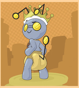 ambiguous_gender antennae_(anatomy) big_diaper black_antennae black_tail blush blush_lines border clean_diaper clothed clothing coin crown diaper dotted_background featureless_feet featureless_hands feet glistening_diaper gold_(metal) gold_coin grey_body hands_on_hips hands_on_own_hips headgear imminent_urine jewelry looking_at_viewer looking_back looking_back_at_viewer necklace noseless orange_border pattern_background simple_background smile solo standing tail three-quarter_view wearing_diaper yellow_diaper yellow_eyes bubblepuppers nintendo pokemon king_rocky generation_9_pokemon gimmighoul gimmighoul_(roaming_form) pokemon_(species) full-length_portrait hi_res portrait