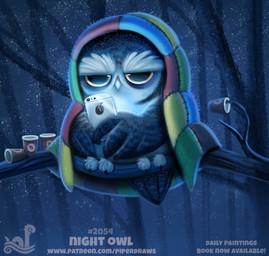 ambiguous_gender bedding biped black_eyes blanket branch container cup electronics feathered_wings feathers feral glowing grey_body grey_feathers humor in_tree night on_branch phone plant pun semi-anthro snow solo text tree white_body white_feathers wings wood piper_thibodeau avian bird owl 2018 digital_media_(artwork) digital_painting_(artwork) english_text full-length_portrait painting_(artwork) portrait url