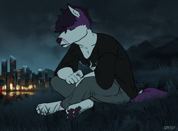 4_toes 5_fingers anthro arm_on_leg arm_support barefoot biped black_claws black_clothing black_ear_tips black_eyebrows black_hair black_markings black_nose black_shirt black_t-shirt black_topwear bottomwear breath building cheek_tuft cigarette city claws clothed clothing cloud countershade_torso countershading crossed_legs dark detailed_background dipstick_ears dipstick_tail ear_markings eyebrows eyes_closed facial_markings facial_tuft feet fingers fluffy fluffy_tail fur fur_markings grass grey_body grey_bottomwear grey_clothing grey_countershading grey_fur grey_pants grey_text hair hand_on_leg head_markings head_tuft hindpaw holding_object inner_ear_fluff light male markings mountain multicolored_body multicolored_ears multicolored_fur multicolored_tail nature neck_tuft night on_grass on_ground outside overcast pants pawpads paws plant purple_body purple_fur purple_markings purple_nose purple_pawpads relaxing river shirt short_hair side_view sitting sky smoke smoking solo t-shirt tail tail_markings teeth three-quarter_view toes topwear tuft two_tone_body two_tone_fur water white_body white_countershading white_fur white_markings omtay canid canine fox mammal 2020 2d_animation animated character_request digital_drawing_(artwork) digital_media_(artwork) frame_by_frame full-length_portrait lighting loop portrait signature