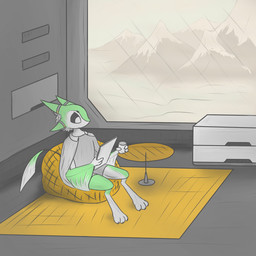 3_fingers 3_toes 4_ears ambiguous_gender anthro barefoot bean_bag beverage biped black_eyes black_sclera carpet chair claws clothed clothing cloud coat coffee container cup day detailed_background digitigrade electronics feathered_wings feathers feet fingers floor fully_clothed furniture futuristic glass green_body green_feathers green_wings grey_clothing headgear headphones holding_container holding_cup holding_object inside lab_coat landscape looking_at_object looking_down machine mountain multi_ear multicolored_body on_chair paws planet science_fiction shadow shirt side_view sitting sitting_on_chair snow solo table tail toes topwear tuft two_tone_body white_body white_clothing white_eyes white_feathers window winged_arms wings zav-ki naako_piki_(dimlim) avali avian 1:1 detailed digital_drawing_(artwork) digital_media_(artwork) hi_res shaded