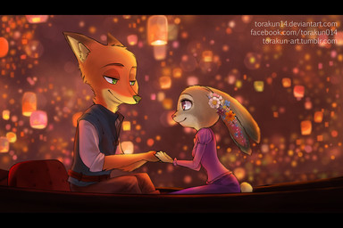 abstract_background anthro black_bars duo eye_contact female flower green_eyes hand_holding inner_ear_fluff lamp lantern looking_at_another male paper_lantern plant purple_eyes size_difference sky_lantern smile tuft torakun_(artist) disney tangled_(disney) zootopia judy_hopps nick_wilde canid canine fox lagomorph leporid mammal rabbit red_fox true_fox 2016 crossover letterbox