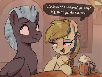 bedroom_eyes beverage black_body blue_hair dialogue duo feathered_wings feathers furniture hair mouth_closed narrowed_eyes open_mouth pupils seductive smile speech_bubble table text wings nookprint friendship_is_magic hasbro my_little_pony mythology golden_feather_(mlp) thunderlane_(mlp) equid equine mammal mythological_creature mythological_equine pegasus comic