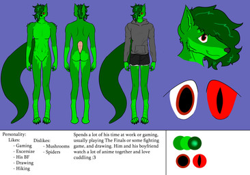 anthro fur green_body green_fur kage_(character) kagelefox long_tail male solo tail canid canine fox mammal absurd_res hi_res model_sheet