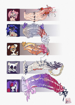 accessory anthro big_breasts big_penis blue_body body_horror breasts chart clothing cock_ring evil_grin eye_on_penis genital_piercing genitals gloves grey_body grin group gynomorph handwear intersex jewelry penis penis_accessory penis_chart penis_jewelry penis_piercing piercing pink_body pubes purple_body red_eyes ribbons sharp_teeth smile spiked_cock_ring spikes teeth unusual_anatomy unusual_eye_placement unusual_genitalia unusual_penis yellow_body young makuri_fur sega sonic.exe_(creepypasta) sonic_the_hedgehog_(series) amy_rose cream_the_rabbit possessed_amy_rose rouge_the_bat sonic.exe tails_doll bat eulipotyphlan hedgehog lagomorph leporid mammal rabbit absurd_res hi_res