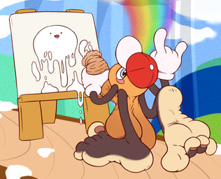 4_toes balls barefoot bodily_fluids clothing countershade_feet countershading cum easel feet foreskin genital_fluids genitals hat headgear headwear humanoid_feet looking_at_viewer looking_back male not_furry penis plantigrade rainbow soles solo toes two_tone_feet vein veiny_penis yowesephth kirby_(series) nintendo paint_roller_(kirby) 2015 hi_res