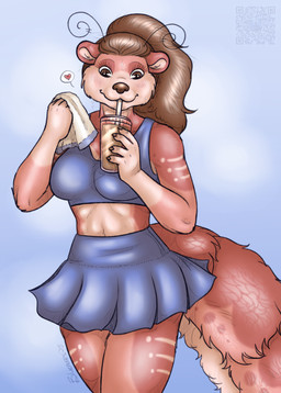 anthro blue_background bodily_fluids bottomwear bra brown_eyes brown_hair clothing container cup drinking_straw_in_mouth female fur hair heart_symbol pink_body pink_fur simple_background skirt solo sports_bra sweat towel underwear blueroses nadia_(tenpoundhammer) aquatic arthropod crustacean hybrid mammal mustelid otter shrimp hi_res