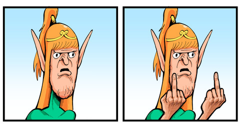 5_fingers angry annoyed black_eyes clothing crown dress female fingers gesture green_clothing green_dress hair hand_gesture headgear humanoid_hands humanoid_pointy_ears humor light_body light_skin lips long_ears long_hair middle_finger orange_hair pointy_ears ponytail solo tiara merrivius elf_comic elf_(merrivius) elf humanoid 2koma comic reaction_image
