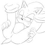 animal_genitalia anthro blush bodily_fluids genital_slit genitals legs_up looking_aside male solo spread_legs spreading sweat sikai sega sonic_the_hedgehog_(series) sonic_the_hedgehog eulipotyphlan hedgehog mammal 1:1 black_and_white monochrome