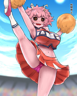big_breasts black_sclera blush bodily_fluids bottomwear breasts camel_toe cheerleader clothed clothing cloud female footwear fully_clothed hair legwear navel nipple_outline not_furry open_mouth outside panties pink_body pink_clothing pink_hair pink_panties pink_underwear pom_poms shoes skirt smile socks solo sun sweat u.a._cheer_uniform underwear iegami my_hero_academia ashido_mina human humanoid mammal 2018 hi_res
