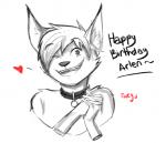 birthday collar excited gift heart_symbol looking_at_viewer simple_background smile solo white_background wcgart arlen_tawny domestic_cat felid feline felis lynx mammal black_and_white bust_portrait monochrome portrait sketch