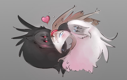 4_eyes beak black_body blue_eyes embarrassed face_lick feathers female feral flushed glowing glowing_eyes glowing_tongue group heart_symbol hug leaning_on_another licking looking_at_another male multi_eye multicolored_body naughty_face red_eyes tongue touching_face trio white_body ququshkas two_albino_crows mythology cuckoo_(ququshka) incubus_lux succubus_luxy avian gryphon hybrid mythological_avian mythological_creature headshot_portrait hi_res portrait