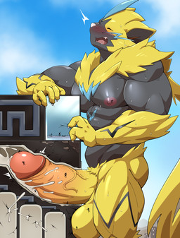 anthro balls big_balls big_muscles big_penis blush bodily_fluids body_worship cum cum_inside destruction erection excessive_cum excessive_genital_fluids eyes_closed facility flooding fur genital_fluids genitals glans huge_muscles huge_penis humanoid_genitalia humanoid_penis hyper hyper_genitalia hyper_penis internal machine macro male milking_machine muscular muscular_anthro muscular_male nipples orgasm pecs penetrable_sex_toy penetration penile penis penis_milking sex_toy solo thick_penis vein veiny_penis yellow_body yellow_fur maldu nintendo pokemon felid generation_7_pokemon legendary_pokemon mammal pokemon_(species) zeraora absurd_res hi_res