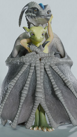 5_fingers antennae_(anatomy) anthro claws duo female feral fingers green_body grey_body hand_behind_head hand_on_head horn hug looking_at_viewer male male/female pose purple_eyes scales simple_background smile standing teeth wings yellow_eyes hopeakiilto european_mythology mythology vartein viuru dragon kobold mythological_creature mythological_scalie scalie western_dragon wyvern 3d_(artwork) digital_media_(artwork) hi_res