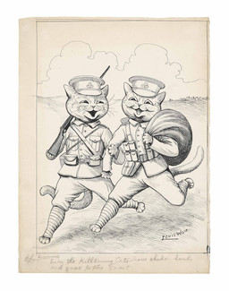anthro biped clothed clothed_anthro clothed_male clothing cloud clover_(plant) clover_leaf coat detailed_background duo fur gun hand_on_arm hat headgear headwear holding_gun holding_object holding_ranged_weapon holding_rifle holding_weapon leaf leg_wraps male male_anthro military military_cap military_uniform outside plant pockets ranged_weapon rifle sack smile tail text topwear uniform walking weapon whiskers world_war_1 wraps louis_wain public_domain domestic_cat felid feline felis mammal 20th_century absurd_res ancient_art english_text graphite_(artwork) hatching_(art) hi_res monochrome pen_(artwork) shaded signature traditional_media_(artwork)