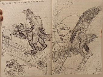 animal_genitalia anthro anthro_on_anthro anthro_penetrated anthro_penetrating anthro_penetrating_anthro beak beak_closed bed bodily_fluids butt cloaca cum cum_drip cum_on_penis dipstick_tail dripping ears_up feathered_wings feathers feral furniture genital_fluids genitals grass happy happy_sex looking_at_viewer looking_back looking_up low-angle_view lying lying_on_bed male markings mouth_closed on_bed penetration penis pillow plant precum precum_drip presenting presenting_hindquarters presenting_penis raised_tail sex sun tail tail_feathers tail_markings tapering_penis tree underfluffies wings worm's-eye_view jaxfera accipitriform avian bird canid canine fox mammal secretary_bird absurd_res black_and_white hatching_(art) hi_res monochrome shaded sketch_page