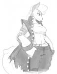 anthro bottomwear breasts clothing female hair jacket pants purple_eyes solo tattoo topwear reiduran friendship_is_magic hasbro my_little_pony canid diamond_dog_(mlp) mammal greyscale hi_res monochrome spot_color