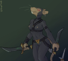 5_fingers anthro belt biped black_body black_fur breasts buckteeth claws cocked_hip countershade_face countershading dagger ear_piercing empty_eyes featureless_crotch female finger_claws fingers front_view fur gradient_background green_background grey_body grey_fur harness holding_melee_weapon holding_object holding_sword holding_weapon jewelry medium_breasts melee_weapon mostly_nude navel necklace nipples nude piercing ranged_weapon red_eyes shark_tooth_necklace shuriken simple_background small_breasts solo standing sword tail teeth weapon weapon_tail wraps sealer4258 warhammer_(franchise) warhammer_fantasy tueetch_ambersnout mammal murid murine rat rodent skaven hi_res portrait signature three-quarter_portrait