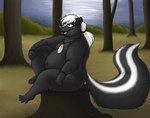anthro eyewear glasses male nude overweight overweight_anthro overweight_male plant shrub solo tree tree_stump water bigladydragon mammal mephitid skunk hi_res