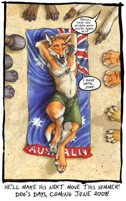 anthro australian_flag clothing lying male paws sand solo swimwear text towel blotch diego_(blotch) canid canine canis dingo mammal 2008 english_text