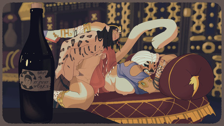 ambiguous_fluids anthro belly_piercing blouse bottomwear bracelet breast_rest breast_squeeze breasts clitoris clitoris_piercing clothed clothing crown dreadlocks duo facial_piercing female female_penetrated footwear from_front_position furniture genital_piercing genitals hair headgear jewelry long_hair looking_at_another lying lying_on_sofa male male/female missionary_position navel navel_piercing nipple_piercing nipples nose_piercing on_back on_sofa penetration penile penile_penetration penis penis_in_vagina piercing pillow raised_leg sandals sex shoes skirt smile sofa squeezing tail thick_thighs tiara topwear vaginal vaginal_penetration vulva wine_bottle dlrp99 microsoft the_elder_scrolls todd_howard elf felid human humanoid khajiit mammal ohmes 16:9 4k absurd_res colored hi_res signature widescreen
