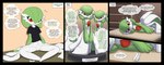 after_transformation anthro black_clothing black_shirt black_t-shirt black_topwear bodily_fluids bookshelf breasts clothing dialogue fabric_tag featureless_breasts featureless_crotch female forced forced_transformation furniture gender_transformation green_body green_hair green_pseudo_hair green_skin group hair humanoid_pointy_ears inanimate_transformation inside laying_on_table lying mental_transformation mtf_transformation multicolored_body on_display on_side plushie plushification pointy_ears pseudo_hair red_eyes shirt sitting sitting_on_ground storage_room store sweat sweatdrop t-shirt table text time_skip topwear transformation two_tone_body drpolice nintendo pokemon fan_character gardevoir generation_3_pokemon pokemon_(species) comic english_text hi_res