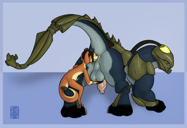 4_legs all_fours anal animal_genitalia anthro anthro_on_feral anus armor backsack balls bestiality blue_body butt duo eyes_closed eyewear feral foreskin genitals goggles hand_on_another's_balls holding_balls humanoid_genitalia humanoid_penis long_foreskin looking_back male male/male oral orange_body penis perineum raised_tail rimming sex simple_background spread_legs spreading tail tail_coil unretracted_foreskin garo_(artist) jak_and_daxter naughty_dog sony_corporation sony_interactive_entertainment daxter mammal metal_head_(jak_and_daxter) mustelid ottsel 2023 absurd_res colored digital_media_(artwork) hi_res shaded