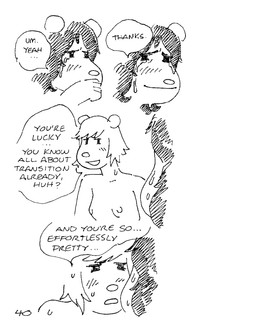 anthro blush bodily_fluids breasts crying dialogue duo female hair male narrowed_eyes nipples nude open_mouth page_number round_ears simple_background smile speech_bubble tears text white_background gaydottiff ash_(gaydottiff) juliet_(gaydottiff) mammal mouse murid murine rodent 2024 black_and_white comic english_text hi_res monochrome trans_(lore) trans_woman_(lore)