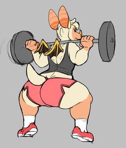 ambiguous_gender back_muscles barbell barbell_squats big_butt bottomwear butt clothing crouching exercise eyes_closed footwear grey_background hair legwear rear_view shirt shoes shorts simple_background socks solo squats thick_thighs topwear weightlifting weights white_hair wide_hips wings workout ritts morgan_(bcr) bat honduran_white_bat leaf-nosed_bat mammal microbat yangochiropteran 2018