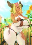 anthro bicycle big_breasts bikini blonde_hair breasts clothing curvy_figure female flower hair horn huge_breasts outside plant slightly_chubby solo sunflower swimwear thick_thighs two-piece_swimsuit vehicle voluptuous cherrikissu helena_(hugetime) bovid bovine cattle mammal 2019 digital_media_(artwork) hi_res