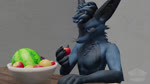 16:9 animated anthro apple blue_body blue_eyes blue_fur blue_hair bowl canid canine captain_tofu claws container food fox fruit fruit_bowl fur furniture grape hair hi_res huge_filesize long_playtime male mammal melon mouth_play no_sound open_mouth paws plant rexouium shirtless solo swallowing table teeth tongue watermelon webm widescreen