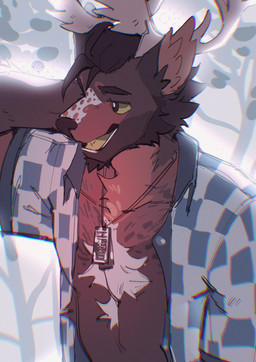 2_horns anthro beard biped black_eyes black_hair blue_dress_shirt brown_body brown_fur facial_hair fur green_sclera green_tongue hair horn jewelry male moose_antlers name_tag necklace solo tongue white_dress_shirt hemuchang deer mammal moose new_world_deer 2022 hi_res