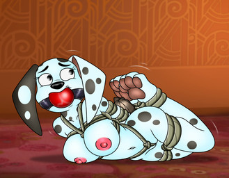 anthro anthrofied ball_gag bdsm black_nose bondage bound breasts duct_tape feet female fur gag gagged genitals hogtied markings nipples nude nude_anthro nude_female pawpads pussy_floss restrained rope solo spots spotted_body spotted_fur tape vulva white_body white_fur folwilliar 101_dalmatian_street 101_dalmatians disney delilah_(101_dalmatians) canid canine canis dalmatian domestic_dog mammal