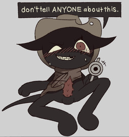 animal_genitalia animal_penis anthro balls blush blush_lines bodily_fluids clothing cowboy_hat death_threat feline_genitalia feline_penis genitals gun hat headgear headwear kerchief male missing_tooth penis ranged_weapon smile solo sweat text threatening_with_weapon weapon anonymous_artist mewgenics zodiac_(mewgenics) felid feline mammal english_text