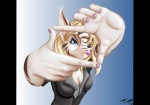 anthro blonde_hair blue_eyes breasts cleavage clothed clothing considering female finger_frame foreshortening gesture hair one_eye_closed perspective solo stripes wink boneitis fada felid hybrid mammal pantherine tiger 2008 signature