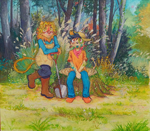 anthro duo flower forest forest_background gardening grass kerchief nature nature_background plant shovel sky tools tree robbiepanda kelpie_leaf solaris_regulus domestic_cat felid feline felis lion mammal pantherine painting_(artwork) watercolor_(artwork)