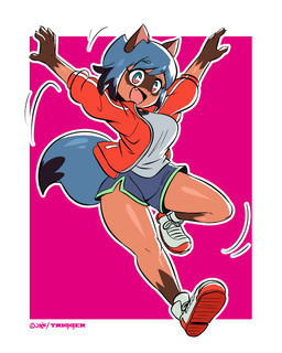 5_fingers anthro blue_hair bottomwear clothed clothing dolphin_shorts facial_markings female fingers footwear hair happy head_markings jacket markings mask_(marking) open_mouth open_smile shirt shoes short_hair shorts smile solo topwear joaoppereiraus brand_new_animal studio_trigger michiru_kagemori canid canine mammal raccoon_dog tanuki 2020 4:5 absurd_res digital_media_(artwork) hi_res signature