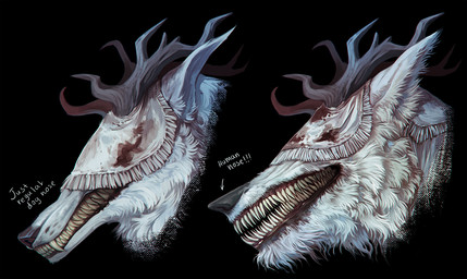 anthro antlers blood bodily_fluids female fur horn obscured_eyes sharp_teeth solo teeth white_body white_fur hanghul bloodborne fromsoftware sony_corporation sony_interactive_entertainment vicar_amelia beast_(bloodborne) canid canine mammal monster
