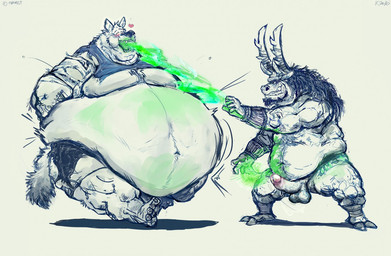 anthro balls belly big_belly big_penis duo erection expansion genitals huge_belly inflation magic male morbidly_obese morbidly_obese_male musclegut muscular muscular_male nude obese obese_male open_mouth overweight overweight_male penis weight_gain aokamidu dreamworks kung_fu_panda kai_the_collector canid canine canis mammal wolf