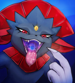 ambiguous_gender bodily_fluids detailed_mouth eyelashes fangs front_view gaping_mouth glistening glistening_eyes grey_body looking_at_viewer mouth_shot narrowed_eyes open_mouth pink_tongue pupils red_eyes saliva saliva_on_tongue saliva_string simple_background slit_pupils solo teeth tongue tongue_out unsigned acidic nintendo pokemon generation_4_pokemon pokemon_(species) weavile half-length_portrait hi_res portrait