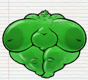 anthro belly big_breasts breasts eyes_closed female genitals green_body hands_behind_head inverted_nipples nipples obese obese_female overweight overweight_female plump_labia slime solo thick_thighs vulva wide_hips slimey_art