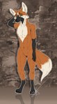 abstract_background black_body black_fur black_nose blue_eyes dipstick_tail featureless_crotch fur gloves_(marking) leg_markings male markings nude orange_body orange_fur socks_(marking) solo standing tail tail_markings white_body white_fur scarlanya canid canine fox mammal signature