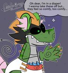 ageplay anthro clothed clothing comfy diaper diaper_fetish infantilism male roleplay solo text wearing_diaper ratapampergator ratapoper alligator alligatorid crocodilian mammal murid murine rat ratigator reptile rodent scalie english_text