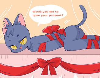anthro asking asking_viewer bdsm blue_body blue_fur bondage bound bow_(decoration) bow_(feature) bow_in_back bow_ribbon convenient_censorship dialogue female fur furniture garland lying notched_ear question red_ribbon ribbon_bondage ribbons solo speech_bubble table talking_to_viewer text yellow_eyes yes-no_question young young_anthro op_u_na peri_(stakefromjatefarm) felid mammal english_text hi_res