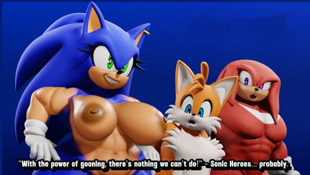 abs accessory anthro big_breasts blue_body blue_eyes blue_fur breasts clothing crossgender dialogue ear_piercing ear_ring eyelashes female fur gloves green_eyes group hands_on_hips handwear looking_at_breasts male mtf_crossgender muscular muscular_anthro muscular_female muscular_male nipples open_mouth piercing red_body red_fur ring_piercing simple_background smile teeth text trio white_body white_clothing white_fur white_gloves white_handwear yellow_body yellow_fur vulkyasha sega sonic_the_hedgehog_(series) knuckles_the_echidna miles_prower sonic_the_hedgehog canid canine echidna eulipotyphlan fox hedgehog mammal monotreme 3d_(artwork) digital_media_(artwork) english_text