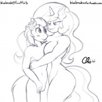 1:1 2015 anthro anthrofied blush breasts duo english_text equid equine eye_contact featureless_breasts featureless_crotch female friendship_is_magic hair half-closed_eyes hand_on_head hasbro horn long_hair looking_at_another male male/female mammal my_little_pony mythological_creature mythological_equine mythology narrowed_eyes navel nekocrispy nude princess_celestia_(mlp) text unicorn